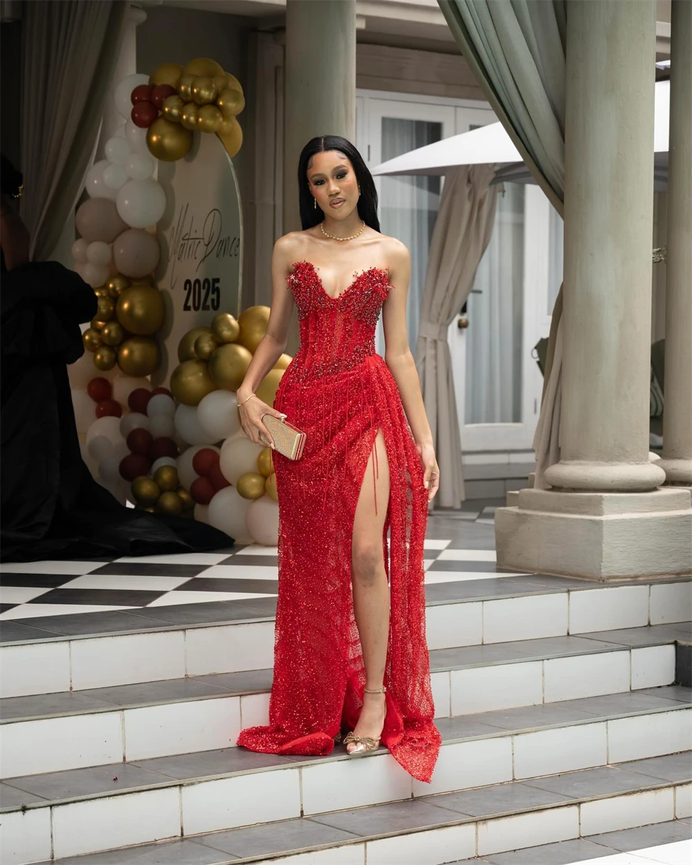Sansa Customized Red Trumpet Corset Side High Split Prom Dress Pleats Sleeveless Vestidos De Noche Floor-Length Formal Evening - Image 2