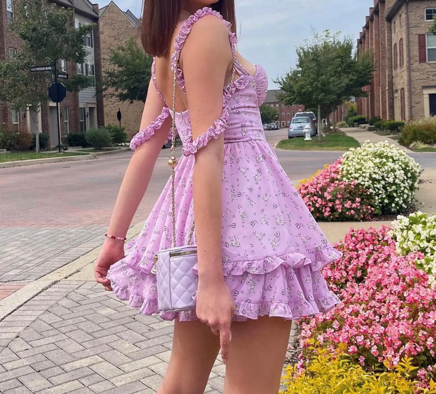 Women Slit Bra Corset Purple Floral Print Double Wood Ears Strap Dress Chiffon Spliced Ruffle Hem Cake Mini Holiday Robe - Image 8