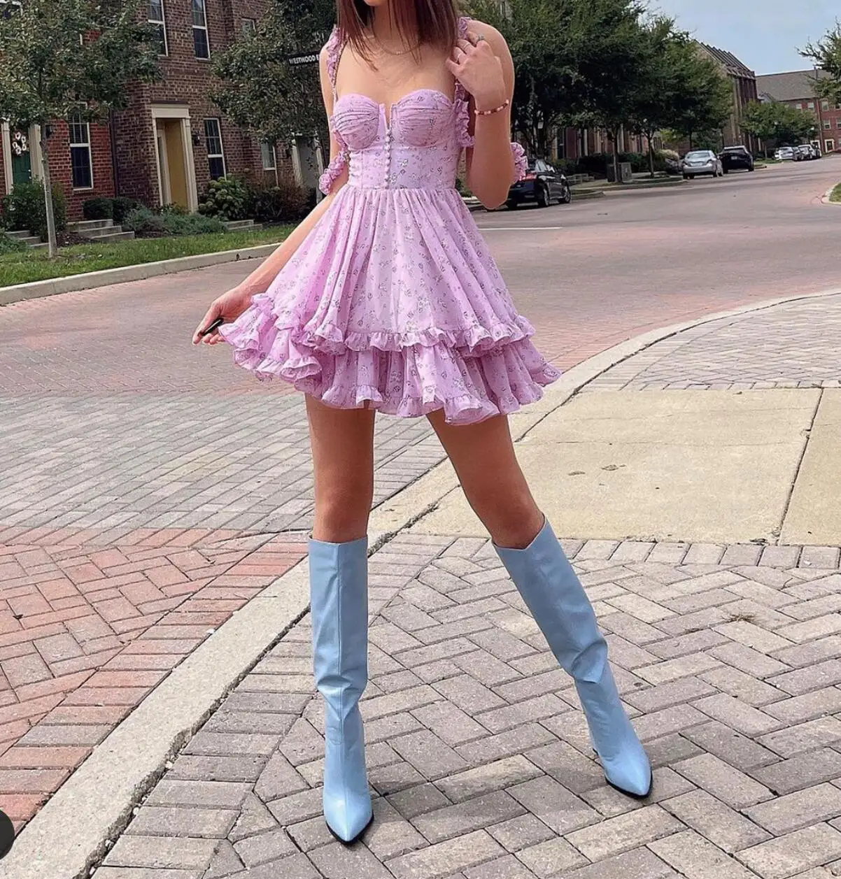 Women Slit Bra Corset Purple Floral Print Double Wood Ears Strap Dress Chiffon Spliced Ruffle Hem Cake Mini Holiday Robe - Image 9