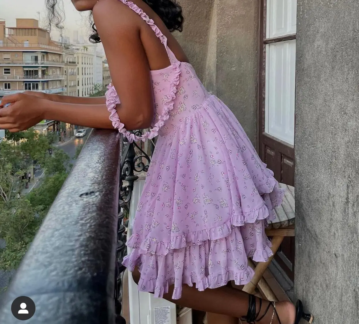 Women Slit Bra Corset Purple Floral Print Double Wood Ears Strap Dress Chiffon Spliced Ruffle Hem Cake Mini Holiday Robe - Image 12