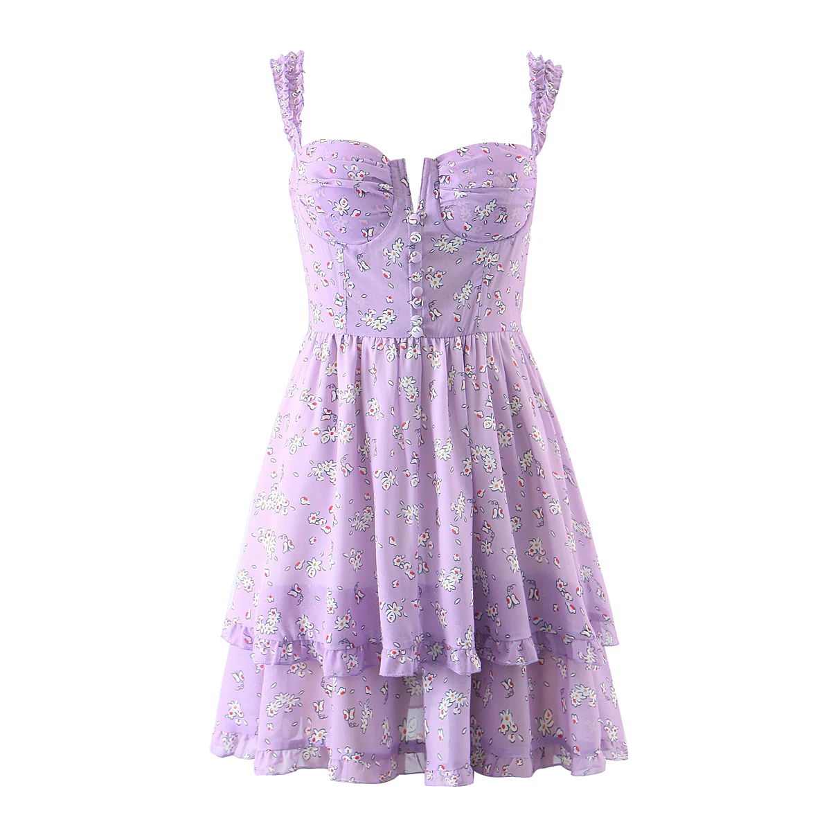 Women Slit Bra Corset Purple Floral Print Double Wood Ears Strap Dress Chiffon Spliced Ruffle Hem Cake Mini Holiday Robe - Image 23