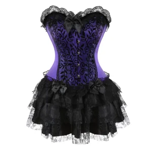 Lace Overlay Evening Casual Corset Dress Sexy Women's Green Lingerie and Black Lace Mini Skirt