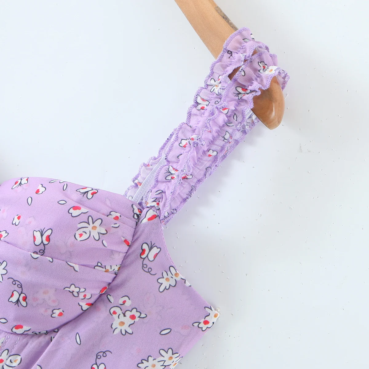 Women Slit Bra Corset Purple Floral Print Double Wood Ears Strap Dress Chiffon Spliced Ruffle Hem Cake Mini Holiday Robe - Image 16