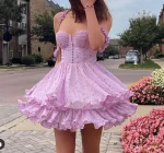 Women Slit Bra Corset Purple Floral Print Double Wood Ears Strap Dress Chiffon Spliced Ruffle Hem Cake Mini Holiday Robe