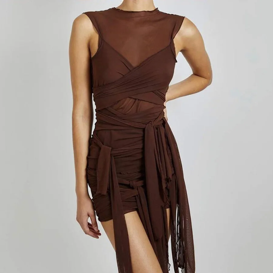 Bangniweigou Ribbon Wrap Up Draped Mesh See Through Bandage Dress Women Mummy Tie Up Bodycon High Waist Short Brown Dresses - Image 7