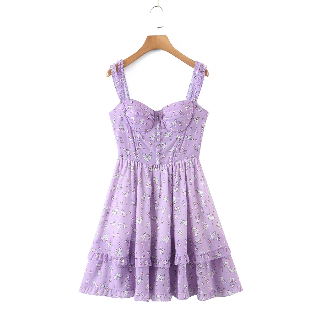 Women Slit Bra Corset Purple Floral Print Double Wood Ears Strap Dress Chiffon Spliced Ruffle Hem Cake Mini Holiday Robe - Image 4