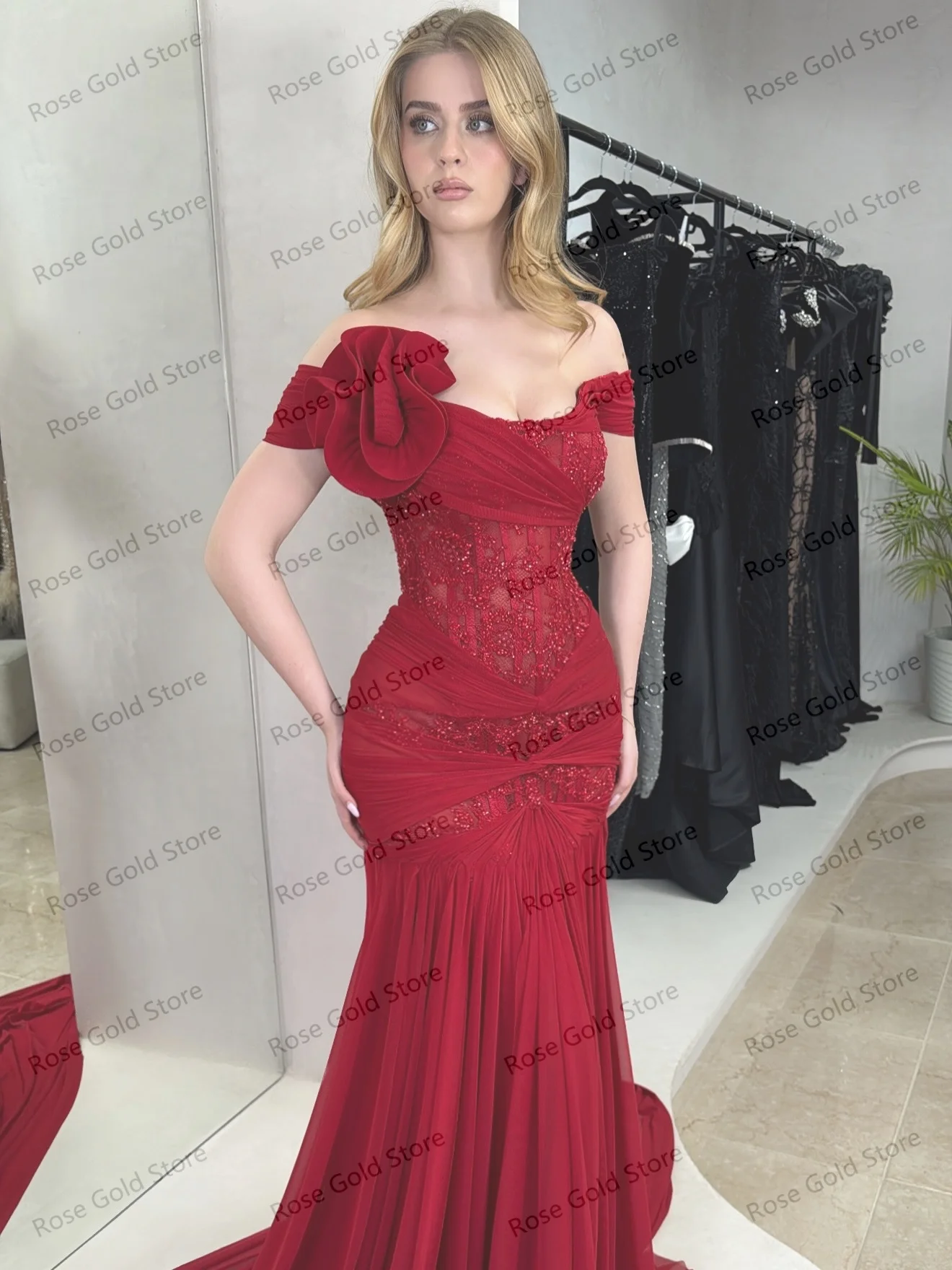 Pleat Chiffon Evening Dresses Off the Shoulder Red Corset - Image 2