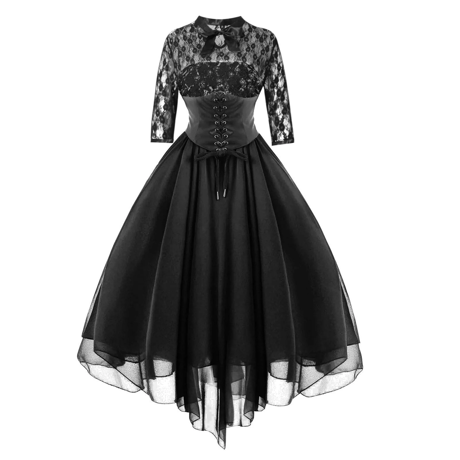 Women's Gothic Dress Sexy Lace Patchwork Half Sleeve Mesh High Waist Party Dresses Retro Lace Up Swing Cocktail Dress Ball Gown - Image 4