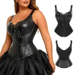 Gothic Ropa Sexy Mujer Lenceria Corset Black Sexy Lace Up PU Leather Court Corset with Built in Bust Support