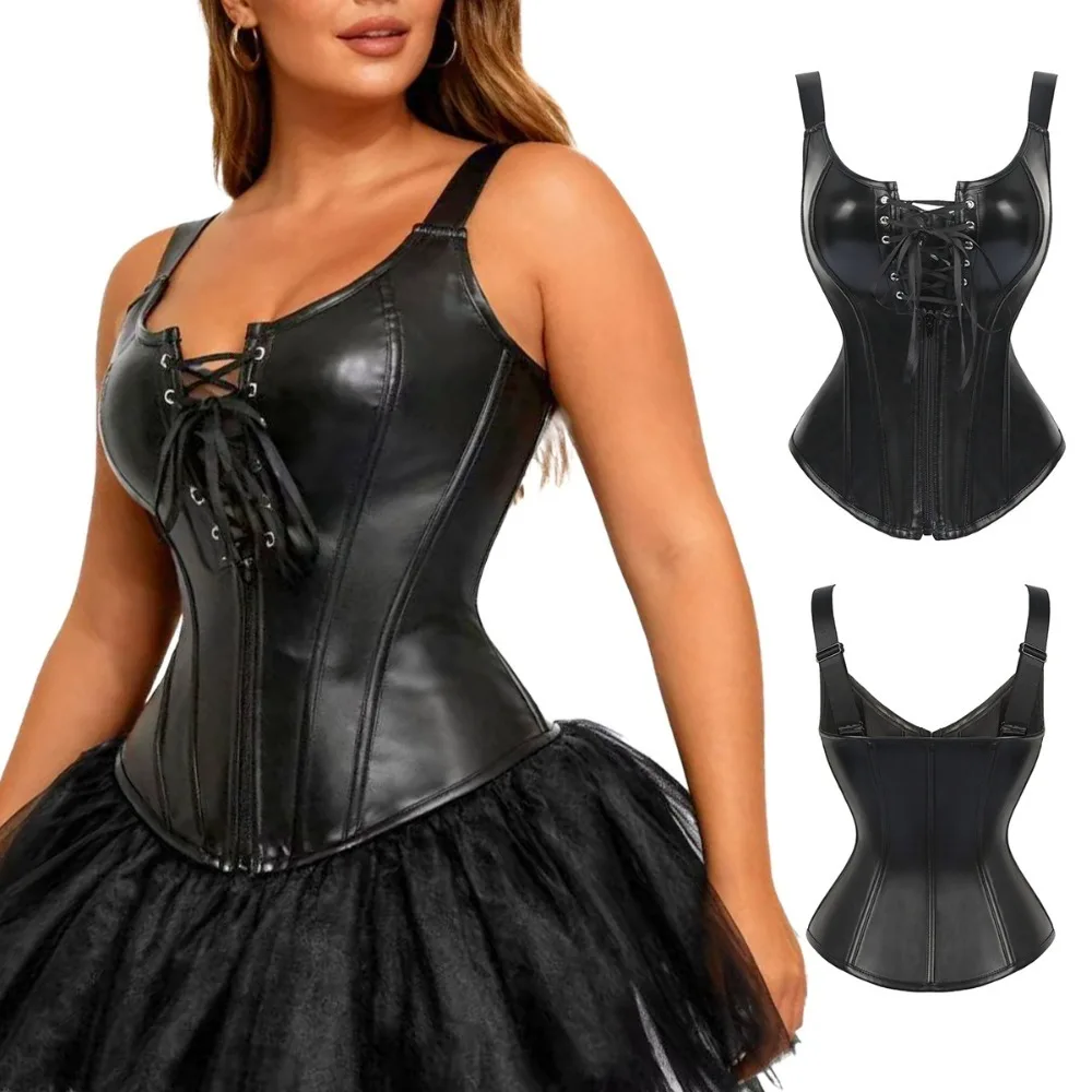Gothic Ropa Sexy Mujer Lenceria Corset Black Sexy Lace Up PU Leather Court Corset with Built in Bust Support