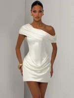 Satin Sexy Mini Dress Off Shoulder Draped Corset Bodycon Dress Ruched Wedding