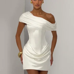 Satin Sexy Mini Dress Off Shoulder Draped Corset Bodycon Dress Ruched Wedding