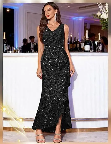 Women's Sparkly Glitter Sleeveless V Neck Maxi Dress, Twist Waist Ruffle Split Mermaid Formal Evening Gown, Wrap Ruched Wedding Guest Cocktail Party Prom Long Dress - Image 4