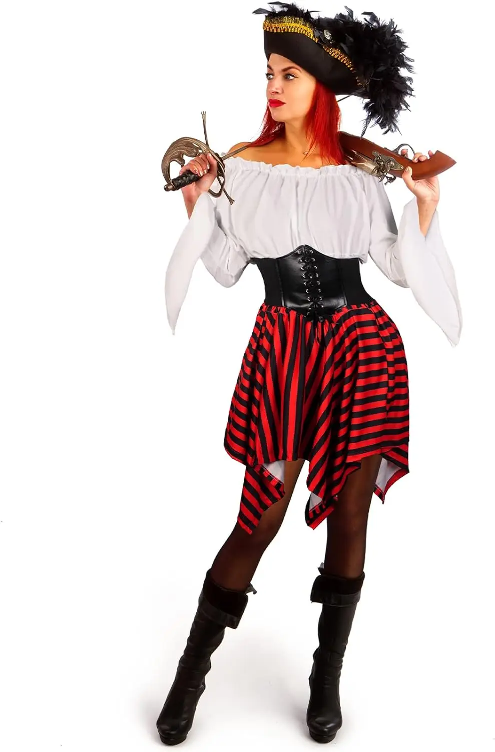 Halloween Womens Pirate Costume Renaissance Pirate Blouse Tops Corset Waist Belt Pirate Skirt for Halloween Party 4 Pcs - Image 5
