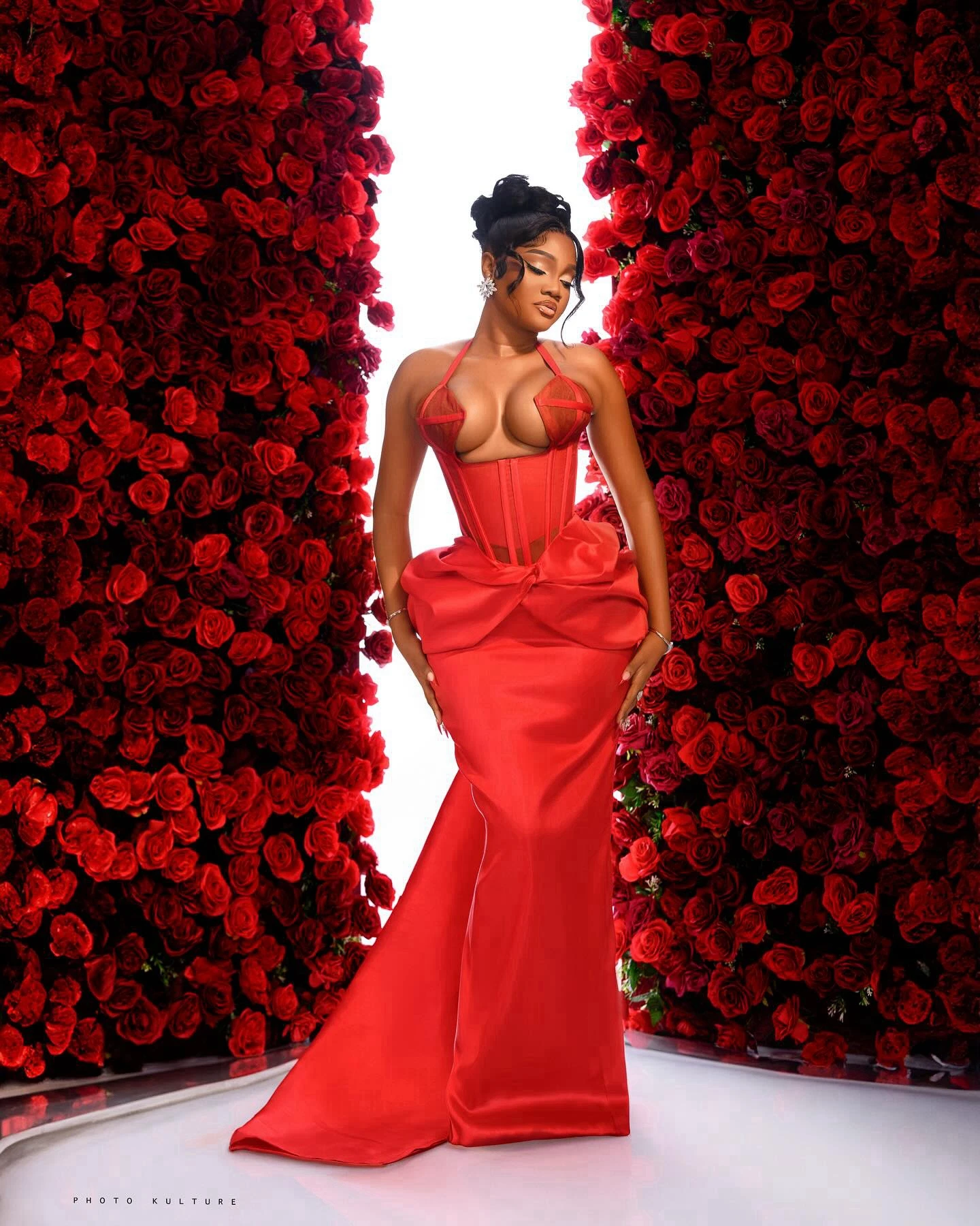 Red Satin Long Mermaid Evening Dresses Aso Ebi Sexy Halter Corset Back Prom Party Dress - Image 5