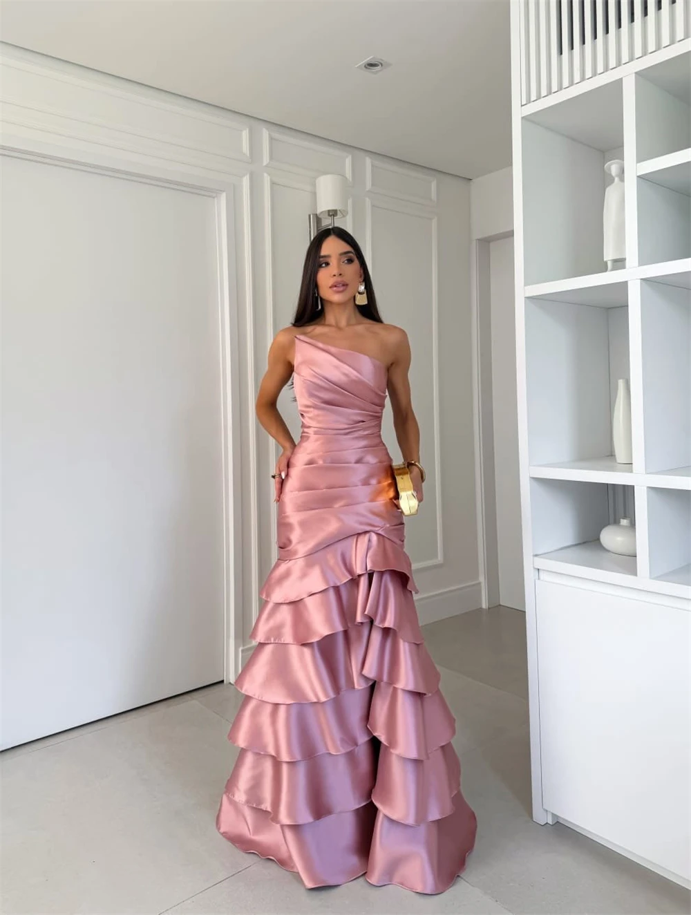 Pink Tiered Ruffle Mermaid Corset Evening Dress Sleeveless Strapless Floor-Length Silk Evening Gown for Formal Occasions - Image 5