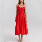 Red Corset Style Bow Halter Dress Spliced Lace Drawstring Rope Chest Pleated Slim Low Waist Folded Swing Midi Robe