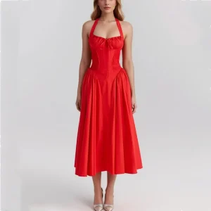 Red Corset Style Bow Halter Dress Spliced Lace Drawstring Rope Chest Pleated Slim Low Waist Folded Swing Midi Robe
