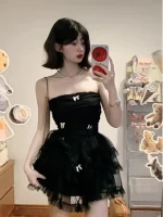 Black Dress Women Casual Corset Mini  Office Lady Sleeveless Bodycon Lace One Piece  Korean