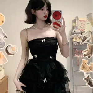 Black Dress Women Casual Corset Mini  Office Lady Sleeveless Bodycon Lace One Piece  Korean