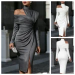 Women's Asymmetric Off Shoulder Dress High Neck Cutout Long Sleeve Ruched Waist Front Slit Dresses Elegant Wedding Guest Outfit