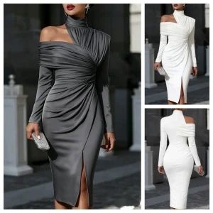 Women's Asymmetric Off Shoulder Dress High Neck Cutout Long Sleeve Ruched Waist Front Slit Dresses Elegant Wedding Guest Outfit