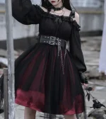 Coafell Vintage Gothic Black Mesh Lolita Dress Goth Women Slash Neck High Waist Princess