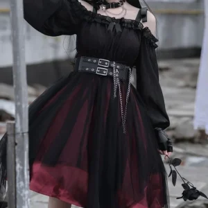 Coafell Vintage Gothic Black Mesh Lolita Dress Goth Women Slash Neck High Waist Princess