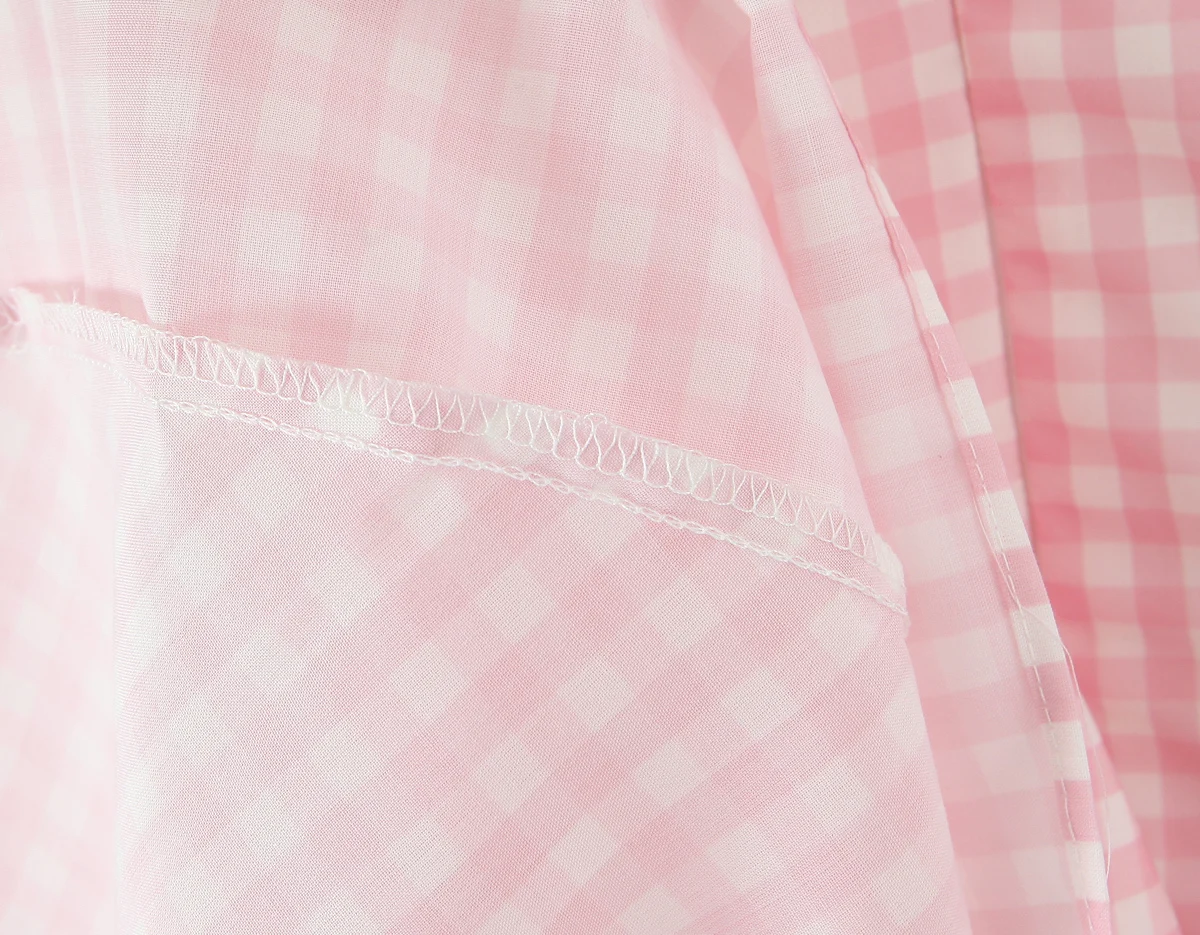 Pink Plaid Spliced White Lace Corset Style Mini Dress Women V Collar Short Sleeve Low Waist Ball Gown Swing Party Robe - Image 21