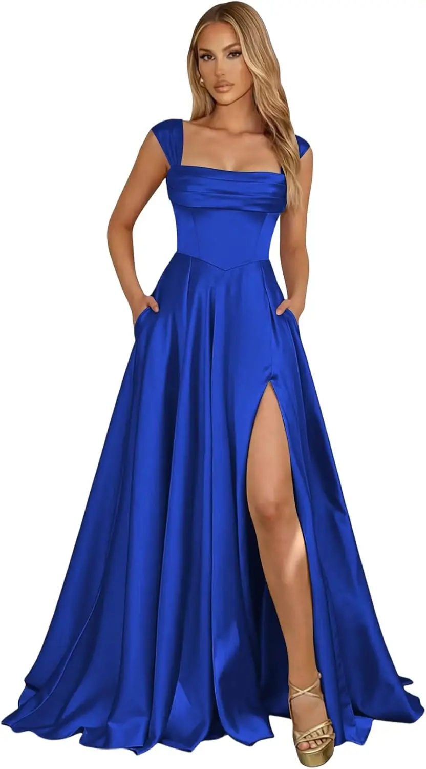Corset Satin Square Neck Prom Dresses for Women Corset Ruched Formal Evening Party Gowns with Slit - Image 11