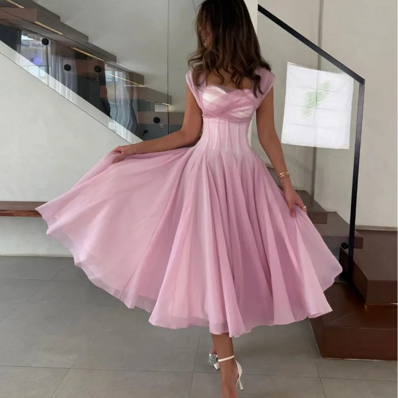Summer Sexy Square Neck Corset Waist A-Line Tea-Length Dress for Wedding - Eye-Catching Gown for Women - Image 2
