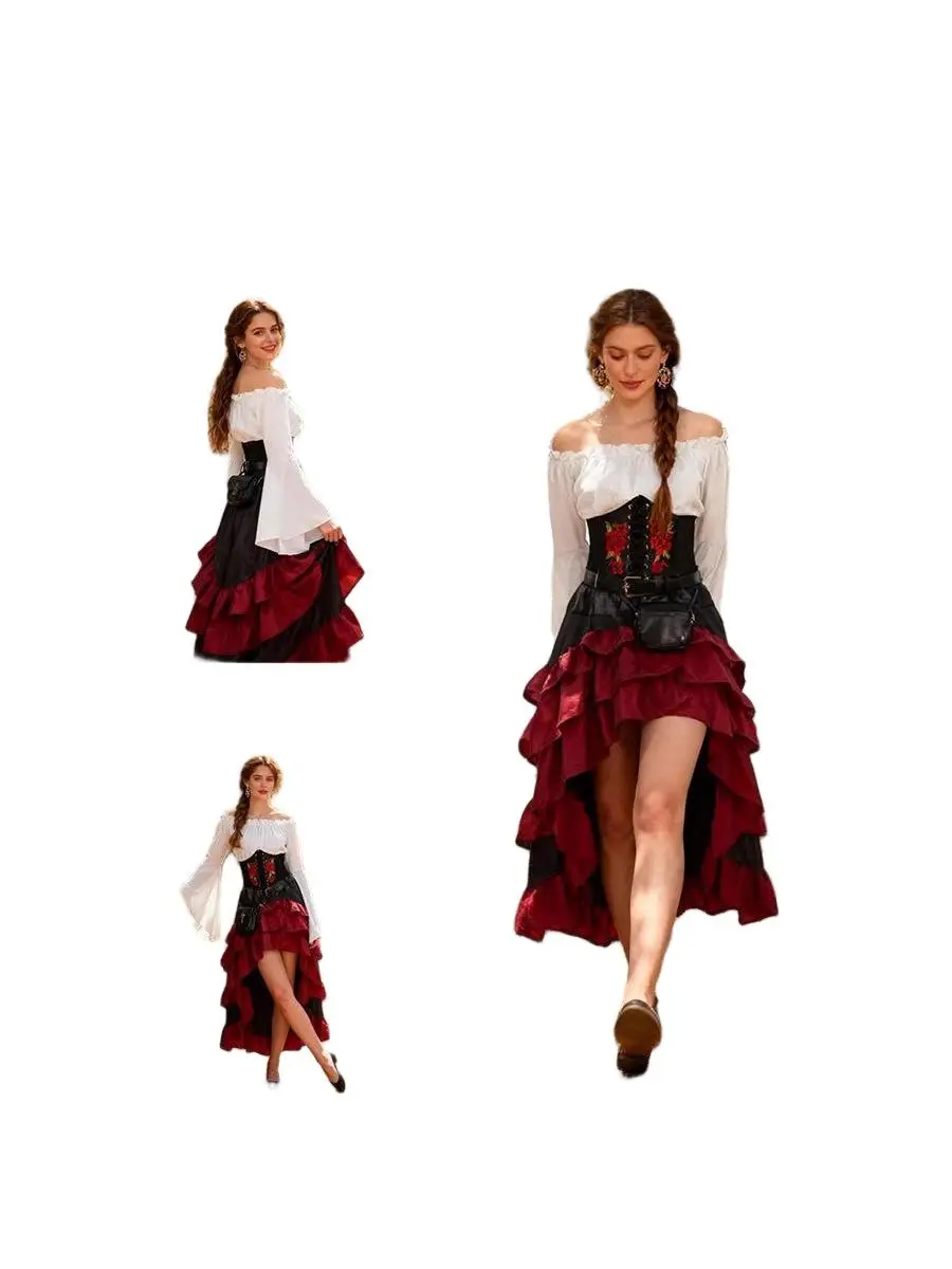 Pirate Captain Costume - Retro Embroidered Corset & Ruffled Layered Skirt Set - Sexy Buccaneer Wench Outfit for - Image 5