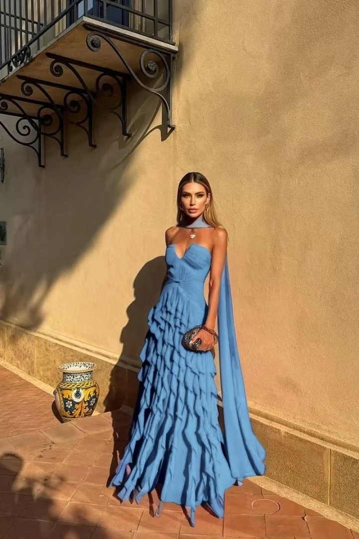 Long Train Evening Gown Sweetheart Multi Layer Ruffle Chiffon Maxi Dress Sexy Backless Flowing Ribbon Prom Dress - Image 11