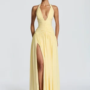 Sexy Maxi Dress Women Elegant Off-shoulder Sleeveless High Split Pleated Club Party Long Dress