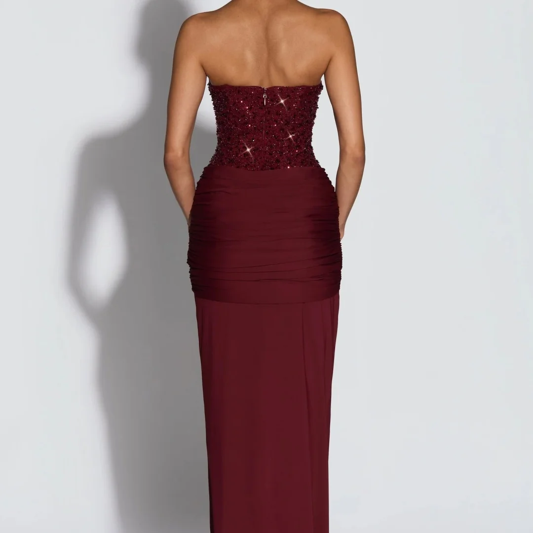 Burgundy Sweetheart Neck Prom Dress Beaded Corset Bodice Ruched Floor Length Party Dresses robes de soirée - Image 2