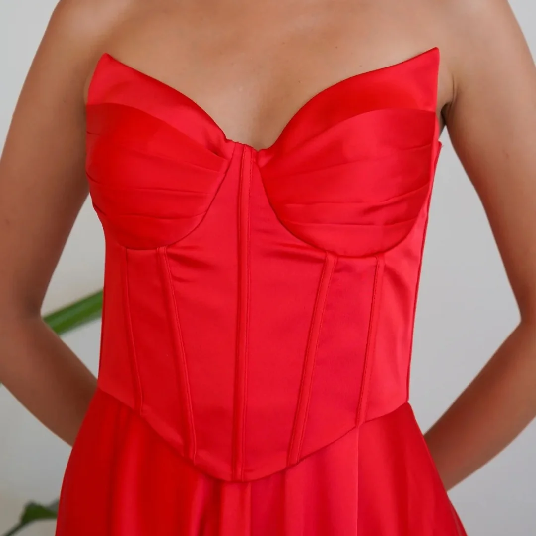 Red Strapless Corset Satin Long Gown robes de soirée High Slit Elegant Party Dresses - Image 3