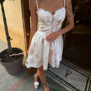 White Pink Floral Print Lace Trim Spaghetti Strap Lace Up Corset Flared Mini Dress