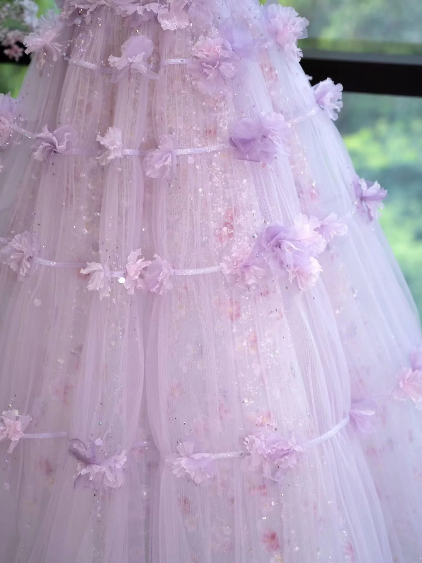 Lilac Sheer Glitter Tulle Ball Gown Strapless Sweetheart Corset Bodice Floral Tiered Ruffle Floor Length Princess Wedding Dre - Image 2