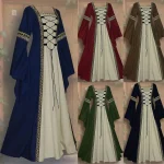 Gothic Style Long Dress with Bell Sleeves Square Collar Lace Trim Belted Hemline for Young Women under 24 Years Old