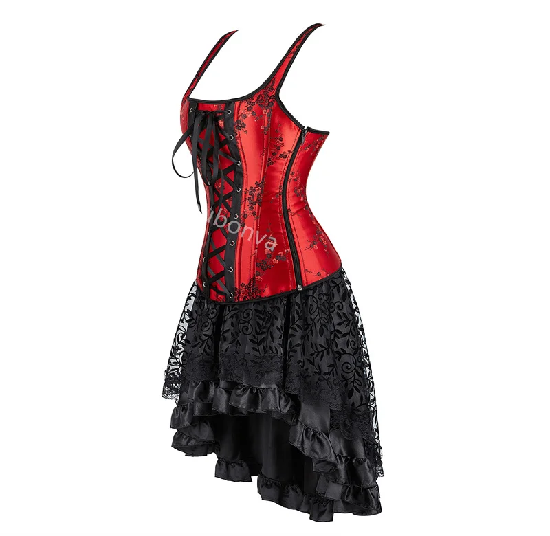 Red Corset Dress Women Skrit Set Shoulder Strap Lace Costume Party Sexy Burlesque Halloween Basques Outfit Plus Size Black - Image 5