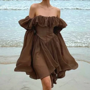 Corset Dress Brown Flare Long Sleeve Mini Dresses Vacation Short