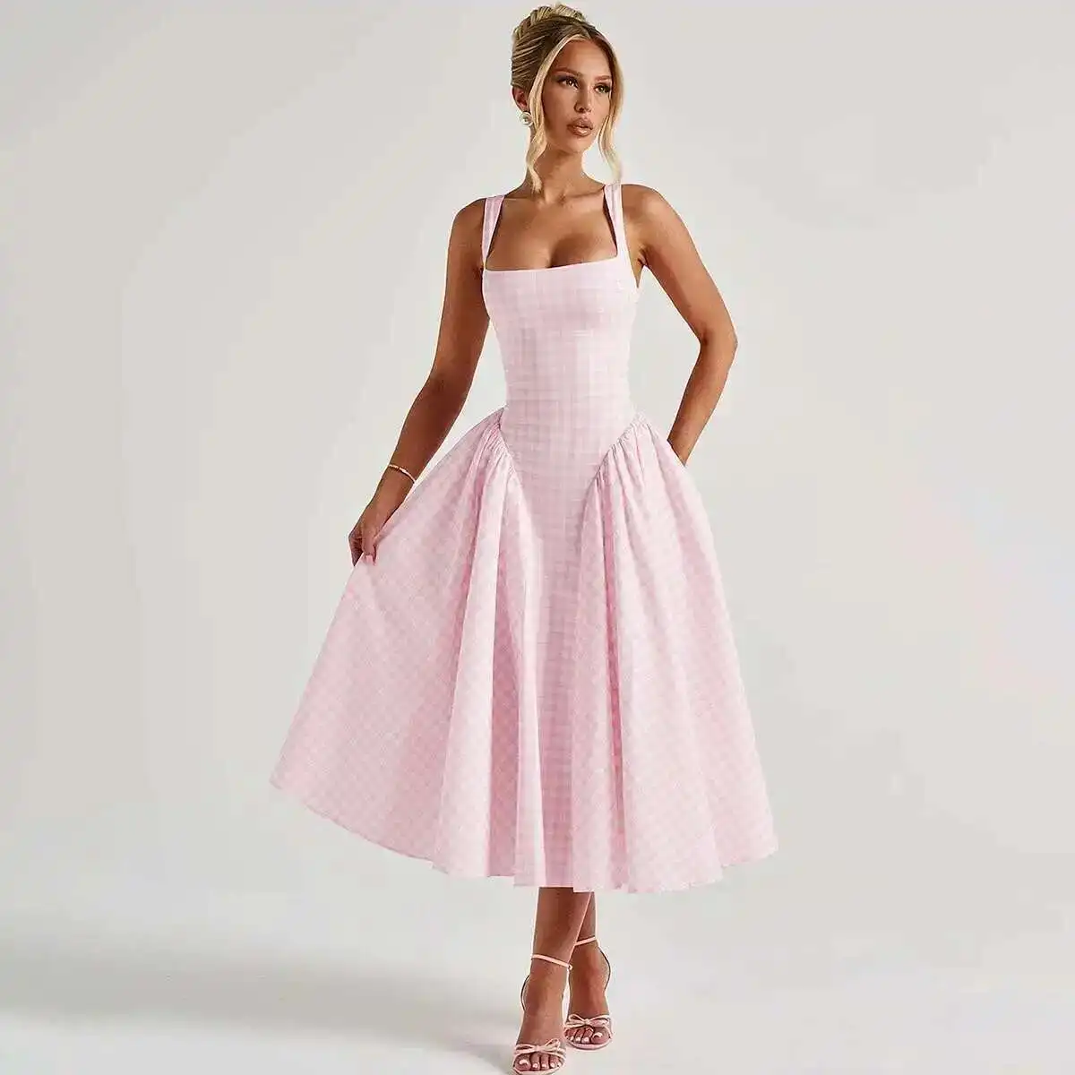 Plaid Printed Spaghetti Strap Sexy A-line Dress - Image 49