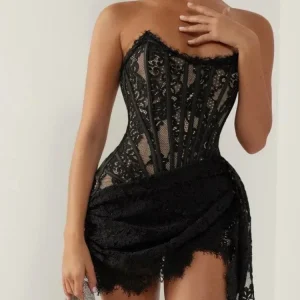 Women's Sexy Strapless Lace Corset Mini Dress Sleeveless Lace-up Adjusted Draped Black Bodycon Dresses Elegant Party Club Gowns