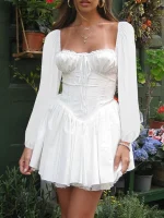 Mini Dress with Lace-Up Corsets Belt Flared Long Sleeve Vintage Floral A-Line Swing Dresses