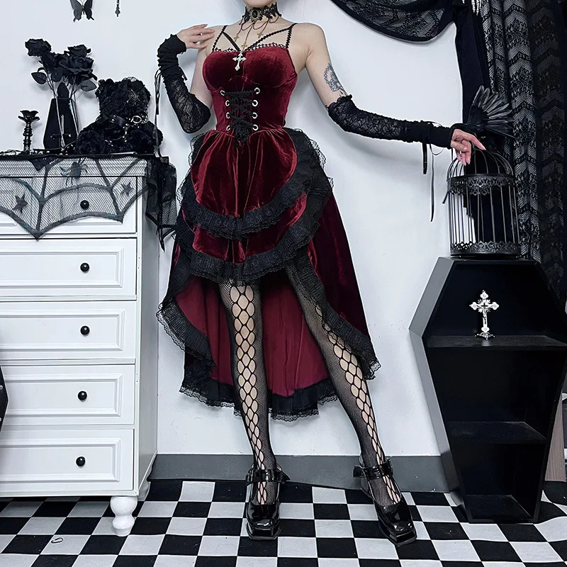 High Low Cut Swallow Tail Lace Bodice Dress Strap Y2K Corset Bustier Women Sexy Dark Gothic Costume Sling Strap Sleeveless Dress - Image 12