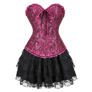 Corset Dress Tutu Skrits Set Overbust With Lace Costume Party Sexy Burlesque Ladies Outfit Plus Size Gothic Halloween Red Black