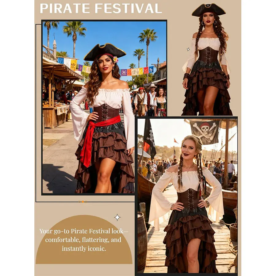 Pirate Captain Costume - Retro Embroidered Corset & Ruffled Layered Skirt Set - Sexy Buccaneer Wench Outfit for - Image 20