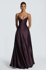 Solid Color Satin Bustier Women Maxi Dress Fashion Yellow Spaghetti Strap V Neck Waist-cinching Dresses