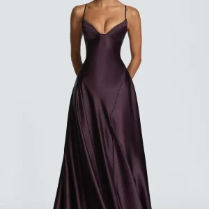 Solid Color Satin Bustier Women Maxi Dress Fashion Yellow Spaghetti Strap V Neck Waist-cinching Dresses
