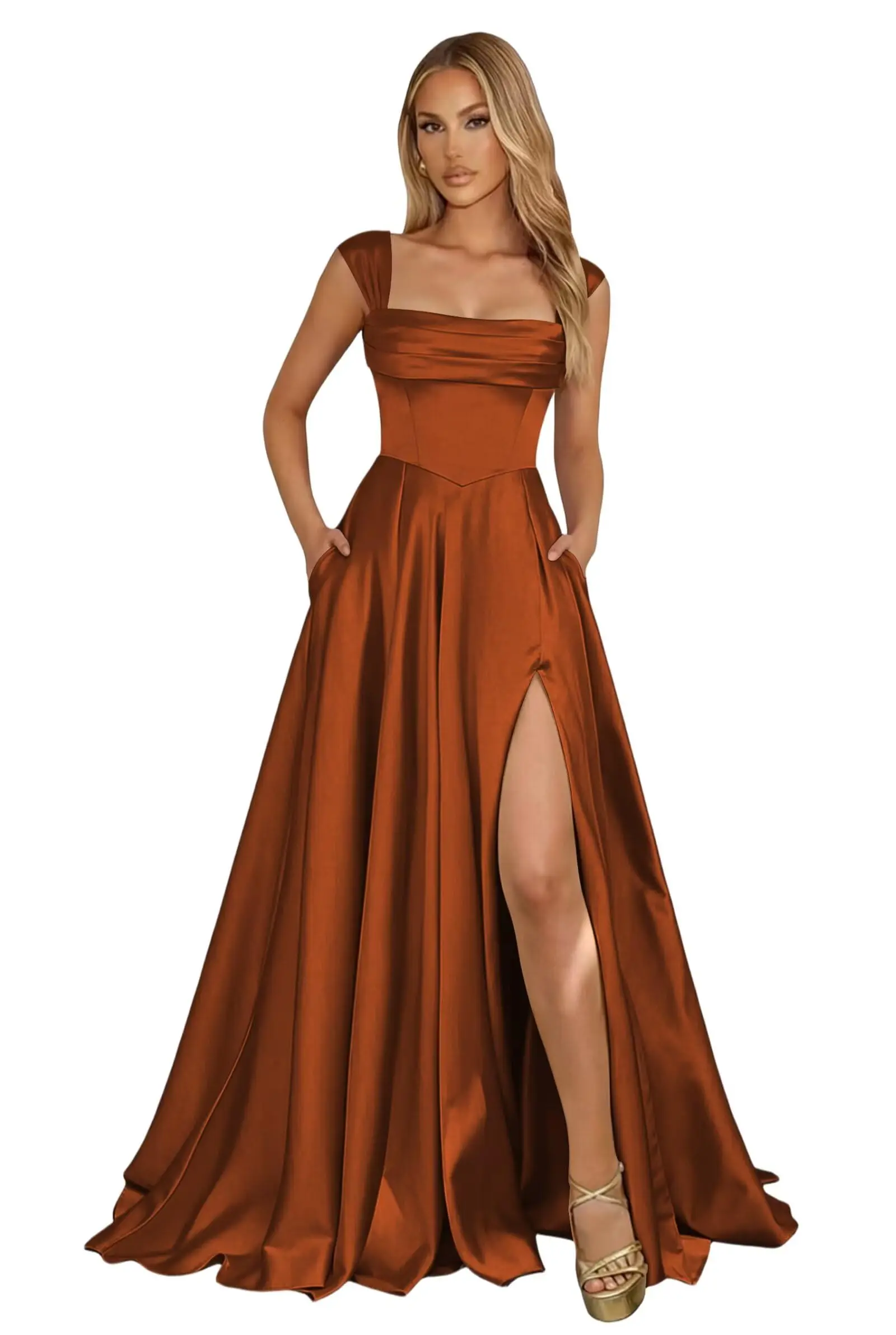 Corset Satin Square Neck Prom Dresses for Women Corset Ruched Formal Evening Party Gowns with Slit - Image 15